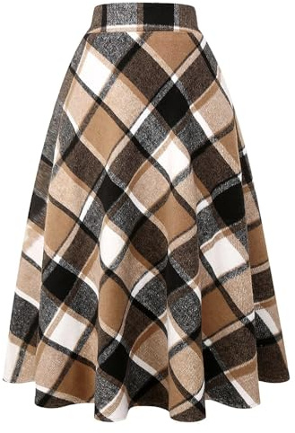 Jupe Longue en Laine à Carreaux pour Femme - Chaude - Taille Haute élastique - Ligne A - Jupe Tartan plissée en Laine plissée, Marron, Taille M