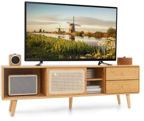 COSTWAY Meuble TV en Bambou, 2 Tiroirs, 4 Compartiments 5 Pieds | Banc TV avec 2 Portes Coulissantes en Rotin et Verre Trempé, pour TV 65 au Max, Style Bohême, Naturel (140x31x45,5cm)