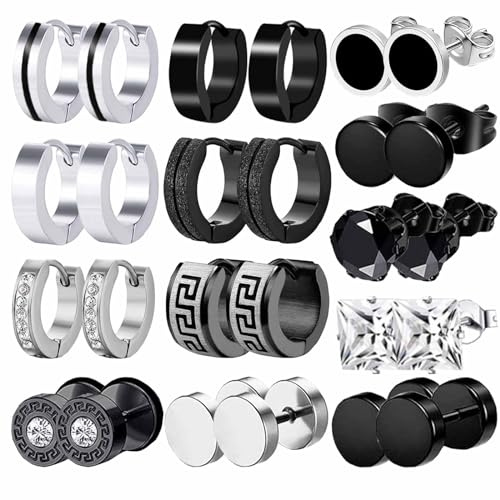 13 Paare Herren Ohrringe Edelstahl Creolen Ohrringe Männer Frauen Schwarz Ohrringe Silber Schwarz Creolen Hoops Earrings Set Knorpel Helix Piercing Ohrringe für Herren Damen