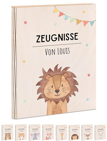 Wunderwunsch® - Personalisierte Holzzeugnismappe mit hochwertigem Spezial-Druck - Einschulung Geschenk für Jungen & Mädchen (Löwe Girlande)