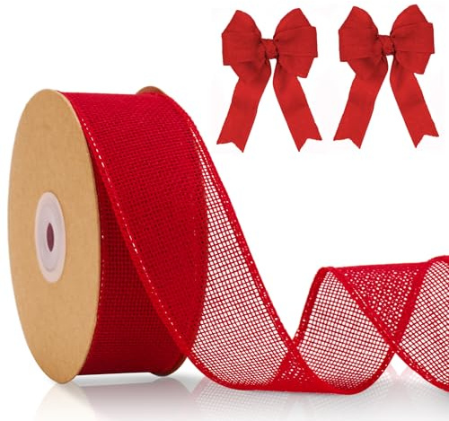 KINGLAKE Ruban Jute Rouge 4cm - 10m Ruban Cadeau Emballage avec Fil de Fer, Toile de Jute Décoratif Rouleau, pour Arbres de Noëll, Mariage, Couronnes, Artisanat