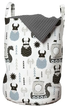 ABAKUHAUS skandinavisch Wäschesack 2er Pack, Longboats Viking Folk, Wäschekorb mit Griffen und Kordelzugverschluss, Zweierpack 33cm x 50cm,Schwarz Pale Blue Grey
