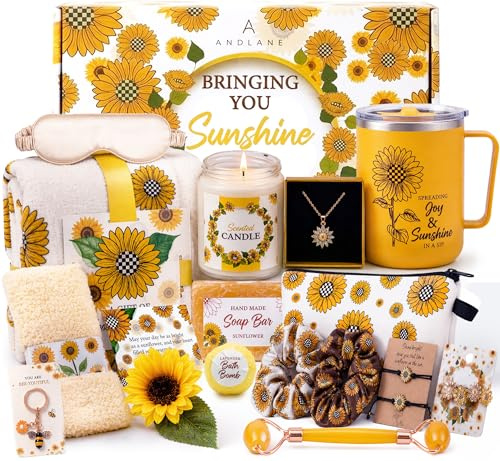 Andlane Sunflower Gifts for Women - Unique Gift Basket Set - Birthday Gifts for Women, Best Friend, or Sister - Sunshine Box Care Package, Get Well Soon, Thinking of You, Friendship Basket 18Pcs Large