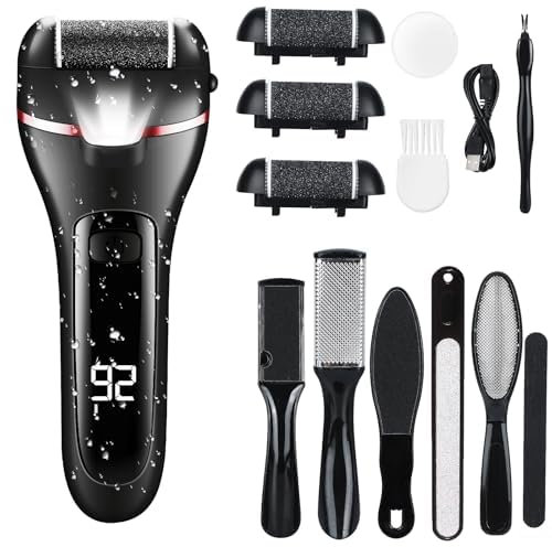 Electric Foot File Foot Callus Remover, Pedicure Kit Tools,Waterproof Foot Scrubber Dead Skin Remover with 3 Roller Heads & 2-Speed Power Pedicure Tools for Feet Hands Heel (Black)