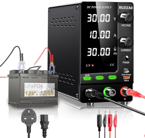 RUZIZAO Bench Power Supply Variable 30V 10A, 300W Encoder Adjustable 6V 12V 24V LiFePO4 Lithium Ion etc. Battery Charger Regulated Lab DC Power Supply Output Switch/OCP Function/Quick Charge Port