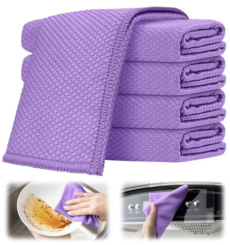 Lot de 10 chiffons de nettoyage en microfibre ; torchon à vaisselle ; chiffon à récurer ; chiffon de cuisine ; chiffon de voiture ; chiffon de nettoyage pour vitres ; chiffon absorbant (violet, 10)