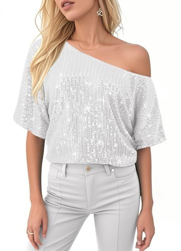Segreto Damen Glitzer Pailletten Tops Short Sleeved Rundhals Locker Oberteil Glänzende Party Bluse T-Shirts Festliches Outfit