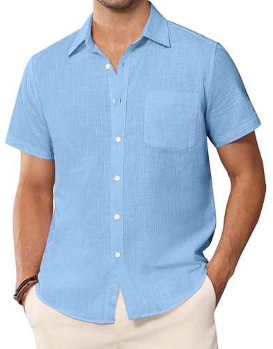 siliteelon Mens Short Sleeve Shirts Summer Linen Shirt Beach Regular Fit Casual Cotton Holiday Tops with Pocket Sky Blue XL