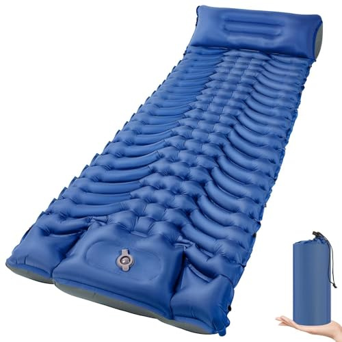 MEIJO Colchoneta para Camping, Colchoneta Ultraligera con Bomba de Pie, Colchón para Camping, Tienda de Campaña, Playa, Azul y Gris