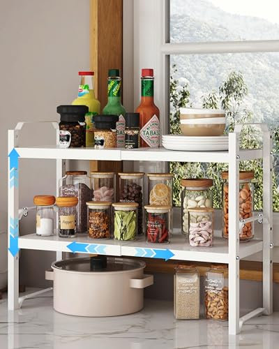 UMDONX 2 Stück Küchenregal Arbeitsplatte Stehend Ausziehbar von 32,5-52 cm,Stapelbares Gewürzregal aus Metall Regaleinsatz für Küchenschrank Schrankeinsatz Organizer(Weiß)
