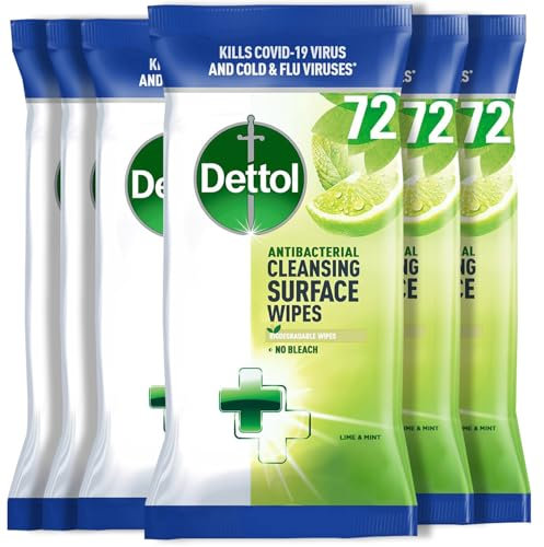 Dettol Antibacterial Cleansing Surface Wipes, Lime and Mint, 360 Wipes (72 x 6pc) Disinfectant, Home Hygiene, Biodegradable, Kills 99.9 Percent of Germs