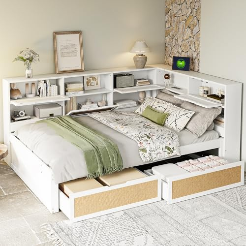 NNJN Holz Schlafsofa mit Ausziehbett Multifunktionales Einzelbett Kinderbett mit vielen Staufächern und Ladeanschluss Weiß (140 * 200cm（mit Schublade ）)