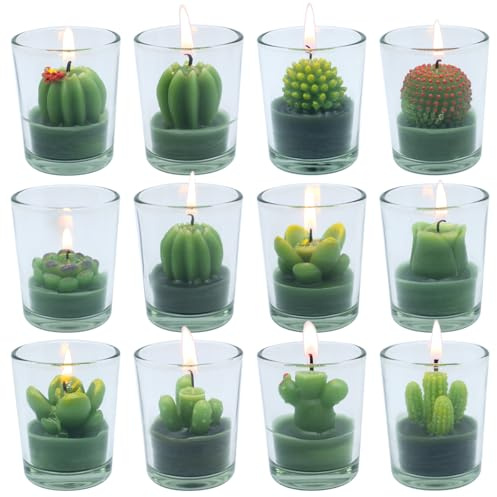 12 Pcs Decorative Succulent Cactus Tealight Candle Set - Handmade Mini Glass Holders, Decorative Votive Candles for House-Warming Party Wedding Baby-Shower and Home Decoration Gifts