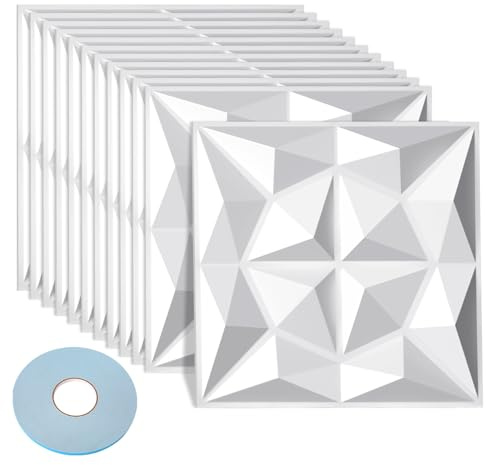 Eikuavons 3D Wandpaneele, 3D Wandverkleidung Paneele, 3D Wall Panels mit Klebeband, Wanddeko Platten, Wasserfest, Hitzebeständig, aus Hochsteifes PVC - 30 x 30 cm, Diamant Weiß, 48 Stück (4.32 m²)