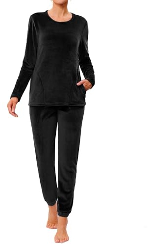 Wayleb Pijama de Terciopelo para Mujer Invierno 2 Piezas Conjunto de Ropa de Dormir Cálido y Suave Manga Larga Chandal y Pantalón, B# Negro S