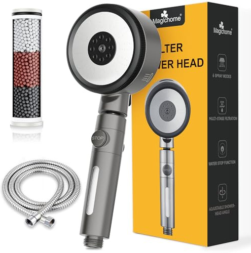Magichome 6 Modes Hard Water Filter Shower Head with 1.5m Hose, 360° Swivel Head & On/Off Pause Button, Removes Chlorine & Impurities for Skin & Hair Care