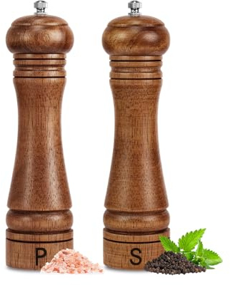 Haomacro Wooden Salt and Pepper Grinder Set Refillable Salt & Pepper Mills Adjust for Coarseness, Crafted of Solid Oak Wood with Ceramic Stainless Steel Core, 8 Inches - 2 Packs