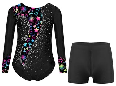 iiniim Mädchen Turnanzug Glitzer Langarm Gymnastikanzug mit Shorts Blumendruck Ballettanzug Turntrikot Gymnastikbody Wettbewerb Tanzkostüm Schwarz 122-128