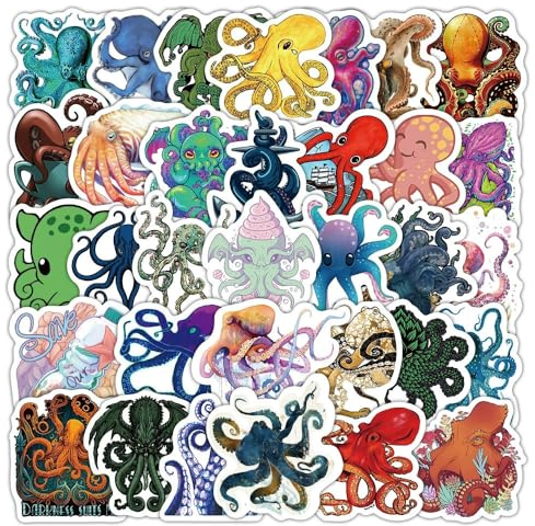 50 Pcs Octopus Stickers Laptop Car Scrapbook Phone Skateboard Suitcase Luggage Bike Octopus Vinyl Waterproof Aesthetic Personalised Stickers for Teens Boys Girls Adults