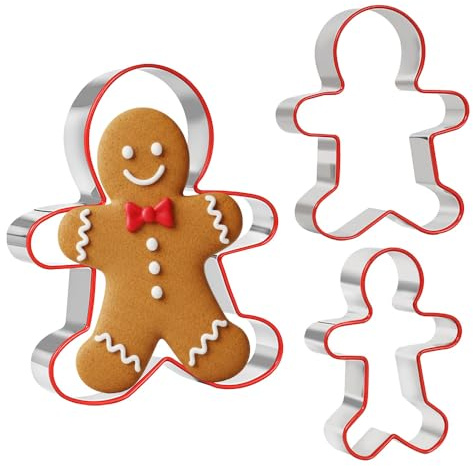TRIXES Lot de 3 emporte-pièces en forme de bonhomme en pain d'épices avec embouts en silicone – Bordure de protection en silicone rouge – 3 tailles – Famille de pain d'épices – Ustensiles de cuisine