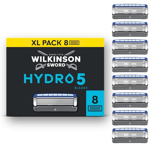 Wilkinson Sword Hydro 5 mäns rakhyvling blad, ersättningsbladpaket mäns rakapparat, hudhydrering, kolbelagda blad, 8 ersättningsblad