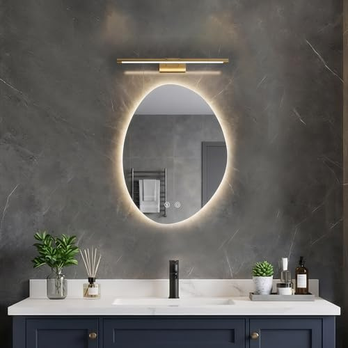 Hyaapwod Badspiegel mit Beleuchtung, Badezimmerspiegel Asymmetrisch 43 x 60 cm, LED Spiegel Bad, mit 3 Lichtfarben, Dimmbar, Touch-Schalter, Beschlagfrei, Speicherfunktion