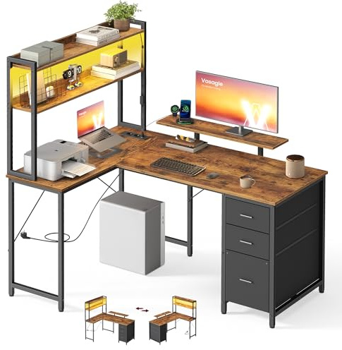 VASAGLE L-Form Schreibtisch, Eckschreibtisch mit Steckdosen und LED-Beleuchtung, Computertisch mit 3 Schubladen und Monitorständer, 140 x 100 x 150 cm, Vintagebraun-Schwarz, LWD162K101 | 3 Schubladen, Monitorständer, 140 x 100 x 150 cm, Rustikales Braun und Mattschwarz, BARNET Kollektion LWD162K101