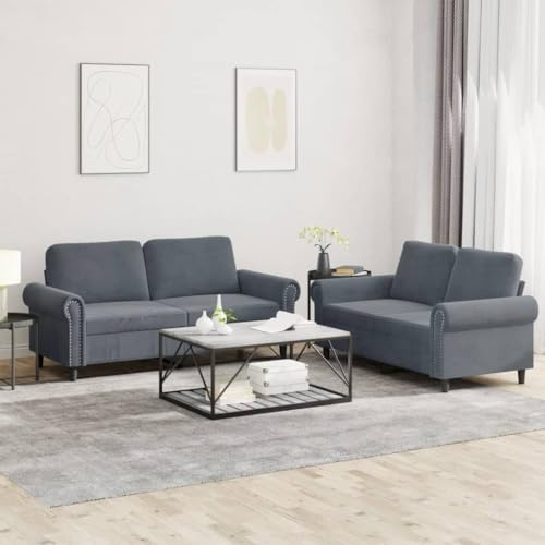 Keeushr 2-TLG. Sofagarnitur mit Kissen Dunkelgrau Samt Polstergarnitur für Wohnzimmer und Esszimmer Sitzgarnitur