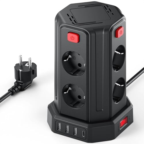 8 Fach Steckdosenleiste 4 einzeln schaltbar 2 M Mehrfachsteckdose mit 4 USB | Verlängerungskabel mit Mehrfachstecker Verteilersteckdose Steckdosenwürfel,Steckdosenturm Steckerleiste für Zuhause Büro