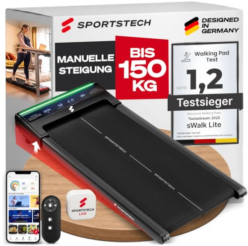 Sportstech sWalk Lite Walking Pad Laufband für Zuhause & Schreibtisch, mit Steigung 6%, bis 6 km/h, LED-Anzeige, App-Steuerung, Fernbedienung, leise, flach & kompakt, für Home Office, bis 150 kg