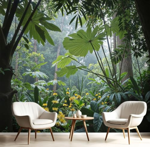 Papel Tapiz Fotográfico Hojas Flores Silvestres Selva Tropical Plantas 300x210cm Papel Pintado no Tejido, Fotomural Panorámico, Mural de Pared, Decoración de Pared para Sala, Cuarto,Verde Oscuro