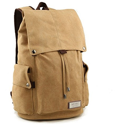 Retro ryggsäck i canvas, vintage, skolväska, resor, bärbar dator, camping – unisex med vadderad väska (kaki)