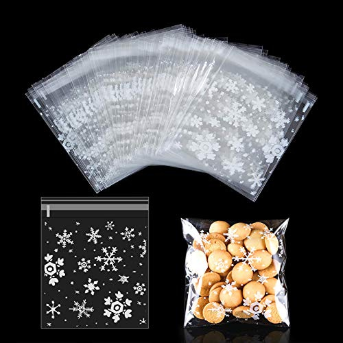MELLIEX 200pcs Sacchetti Biscotti di Natale, Fiocchi di Neve Sacchetti cellophane Trasparente per Caramella, autoadesiva risigillabile plastica Sacchetti per Alimentari di Natale Festa