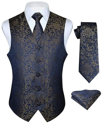 HISDERN Herren Weste Paisley Floral Jacquard Krawatte Einstecktuch Taschentuch Weste Anzug Set