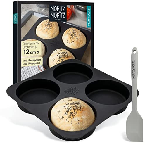 Moritz & Moritz Molde de silicona redondo de 12 cm de Ø para pan, panecillos de hamburguesa y panecillos XXL - incluye espátula para la masa y libro de recetas