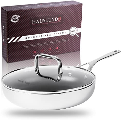 HAUSLUND® Bratpfanne 28 cm antihaftbeschichtet, Schmorpfanne hoher Rand mit Deckel, Tiefe Pfanne backoffenfest, Multischicht-Edelstahlpfanne Induktion geeignet, Frying Pan - Kochen wie ein Profi