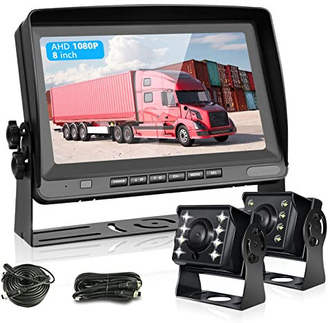 Hodozzy Kit Cámara Marcha Atrás de Coches y 8 Pulgadas LCD Monitor, AHD 1080P 2*Camaras de Visión Trasera Reversa IP69 Impermeable Visión Nocturna, 12V-24V para Camión, Remolques, Bus, RV, Caravana