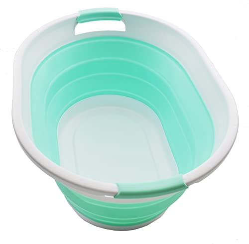 SAMMART 32L zusammenklappbarer Kunststoff-Wäschekorb – Faltbarer Pop-Up-Aufbewahrungsbehälter/Organizer – Tragbare Waschwanne – Platzsparender Wäschekorb/Korb, Wasserkapazität: 24L (1, Weiß/Hellgrün)
