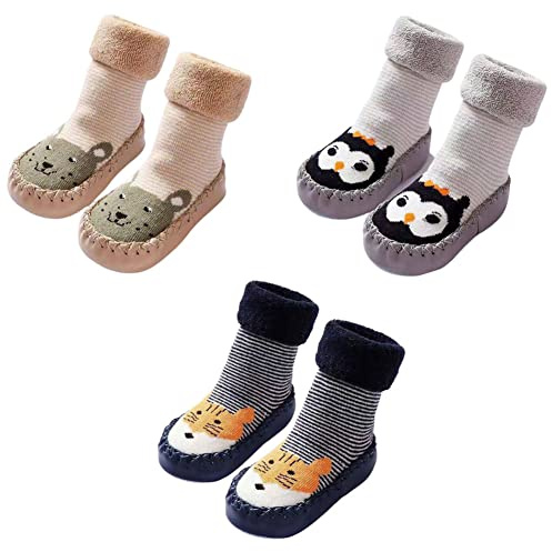 FedMois 3 Paia Calzini Scarpe Invernali Termici Antiscivolo Calze a Pantofola Neonati Bimbi, cane, gufo e criceto, Taglia 19/20 (Taglia del Produttore: 13)