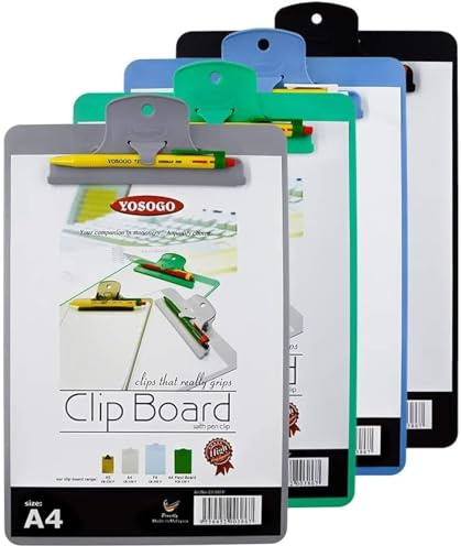 Yosogo A4/Letter Size Plastic Clipboard, 4-Pack with Handy Pen Holder & Bonus Pen, Holds up to 40 Sheets, Durable Plastic – Writing, Office, Stationary, School Supplies Set (4-Pack)