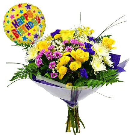 Happy Birthday Fresh Mix Cut Flower Bouquet Gift with Yellow Roses - Purple Chrysanthemums, Balloon and Box Bag for Celebrations, Indoor Floral Arrangement