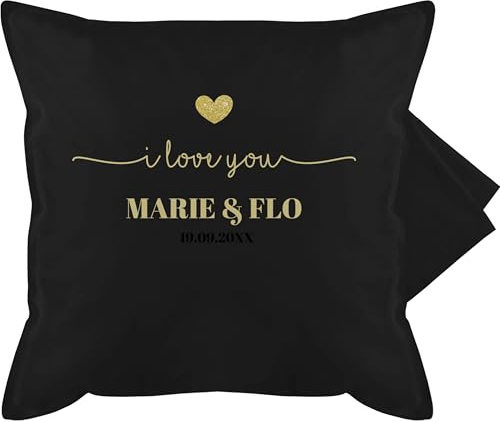 Kissenbezug - Kissen Ideen - I Love You mit Namen Datum I Partner Geschenk I Paar Geschenk Beziehung I Liebesgeschenk - 50 x 50 cm - Schwarz - Girlfriend Pillow paarkissen Valentinstag u