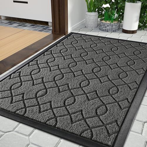 Yimobra Fussmatte Aussen, Waschbar Wetterfest, 92 x 61 cm, Robuste und Wasserabsorbierende, Schmutzresistente Fußmatten, Mit Rutschfester Rückseite Fußmatte Gummi, Schwarz Grau