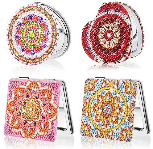 Marsui 4 pezzi Mandala Diamond Painting specchio compatto fai da te tascabile specchio tascabile con copertura per pittura a diamante portatile ingrandimento pieghevole borsa specchio diamante art kit