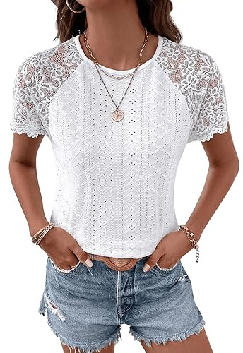 GORGLITTER Spitzenshirt Damen Elegant Tshirt Mit Kontrast Spitze Kurzarm Oberteil Spitzen Top Locker Weiß S