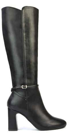 ESSEX GLAM Womens Heeled Boots Ladies Knee High Block Heel Smart Zip Black Faux Leather Winter Smart Long Booties Shoes Size 5