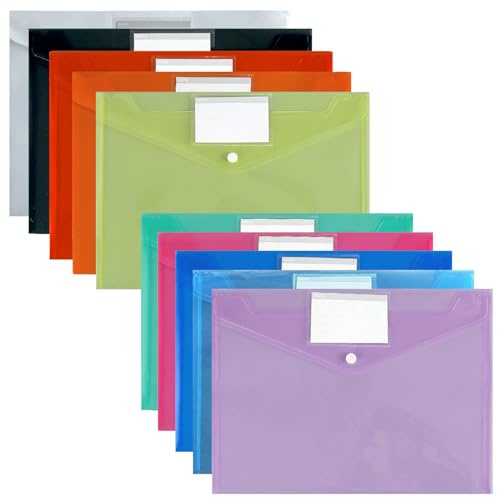 10 Stück Dokumententasche A4 mit Etikettentasche, Klarsichthülle Dokumentenmappe A4 zum Abheften Wasserdicht Sammelmappen für DokumenteOrganisierenDatei,Papier,Quittungen,Hausaufgaben, Farbenfrohe
