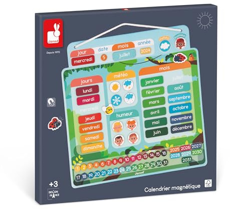 Janod - Magnetischer Kalender Französische Version - 71 Magnete - Lernspiel - Fördert Zeitverständnis und Selbstständigkeit - Spielzeug aus FSC-Pappe - ab 3 Jahre - J05466