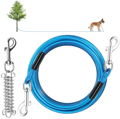 Cable de amarre para perros, cable de plomo resistente de 20 pies con resorte de choque desmontable, cadenas de corredor de perros para patio exterior, camping, sostiene perros pequeños o medianos (20
