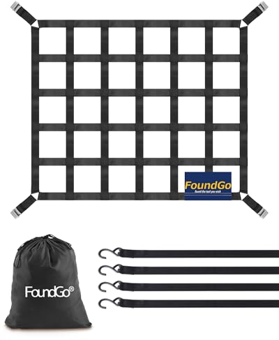 FoundGo Gepäcknetz für Pickup LKW Ladefläche [106x127cm 4.6cm Bandbreite] Schwerlast Anhängernetz Reißfest Heckklappe Frachtnetz Verstellbar für Pickup LKW Anhänger inkl. 4X Festen Gurten